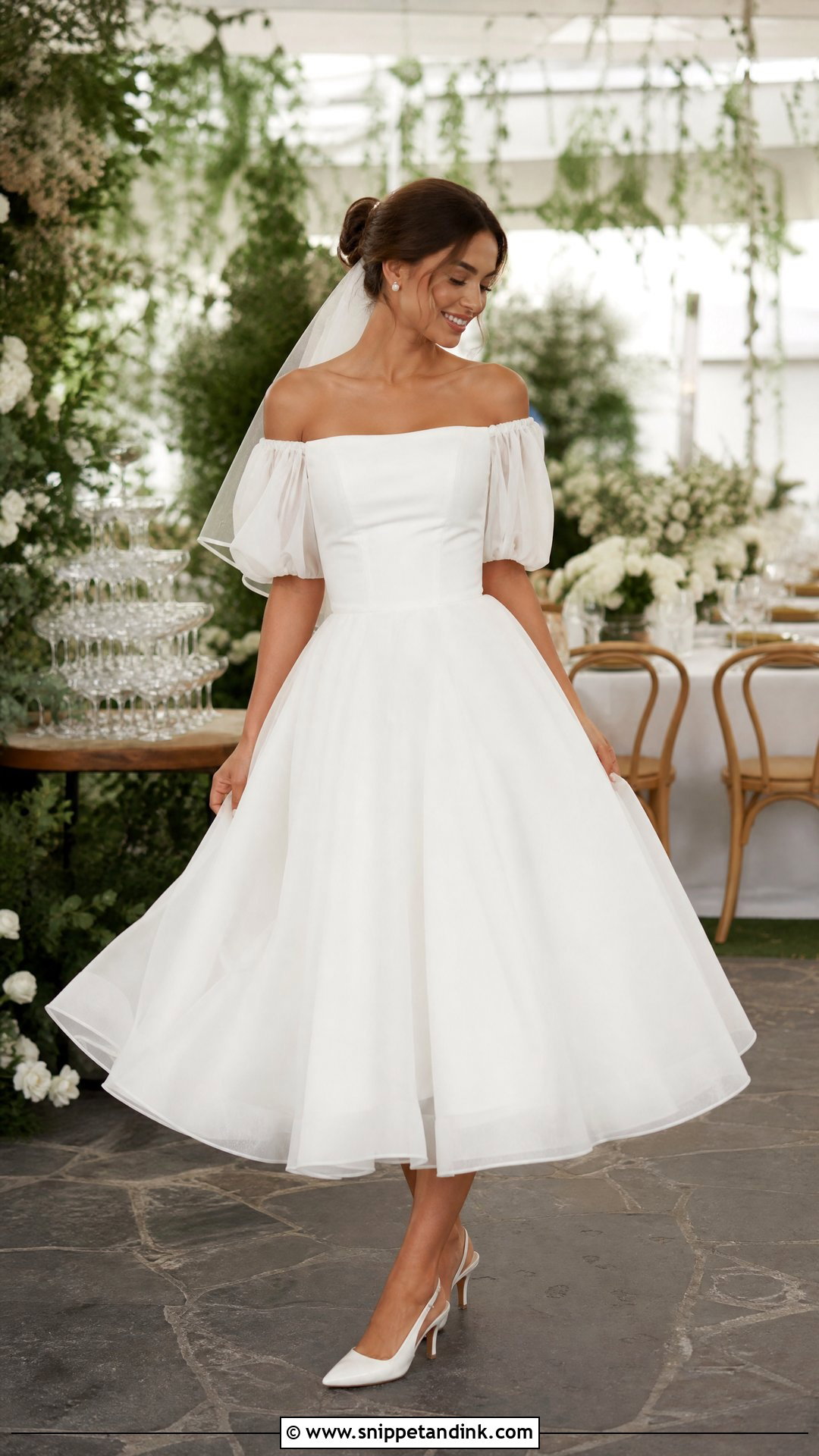 Tea Length Wedding Dress With Puff Sleeves - Snippet and Ink - 20 Wedding Dresses Off the Shoulder Sleeves