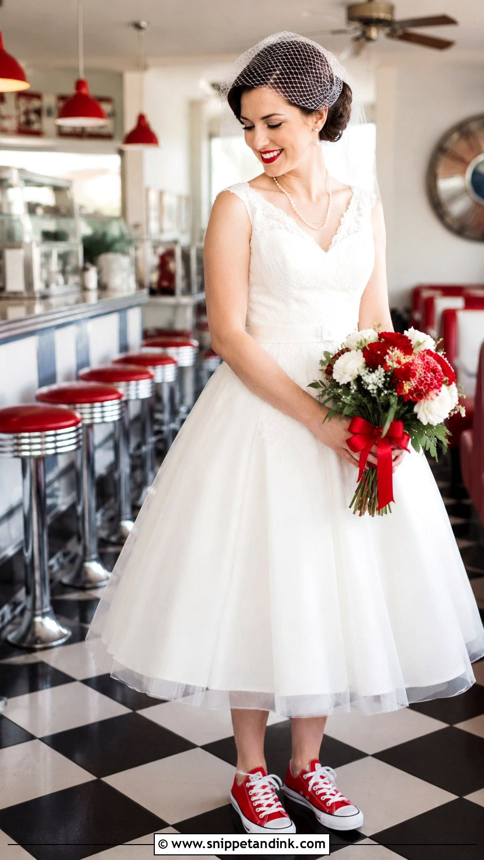 Tea Length Wedding Dress With Red Converse - Snippet and Ink - 20 Wedding Dress with Converse Ideas