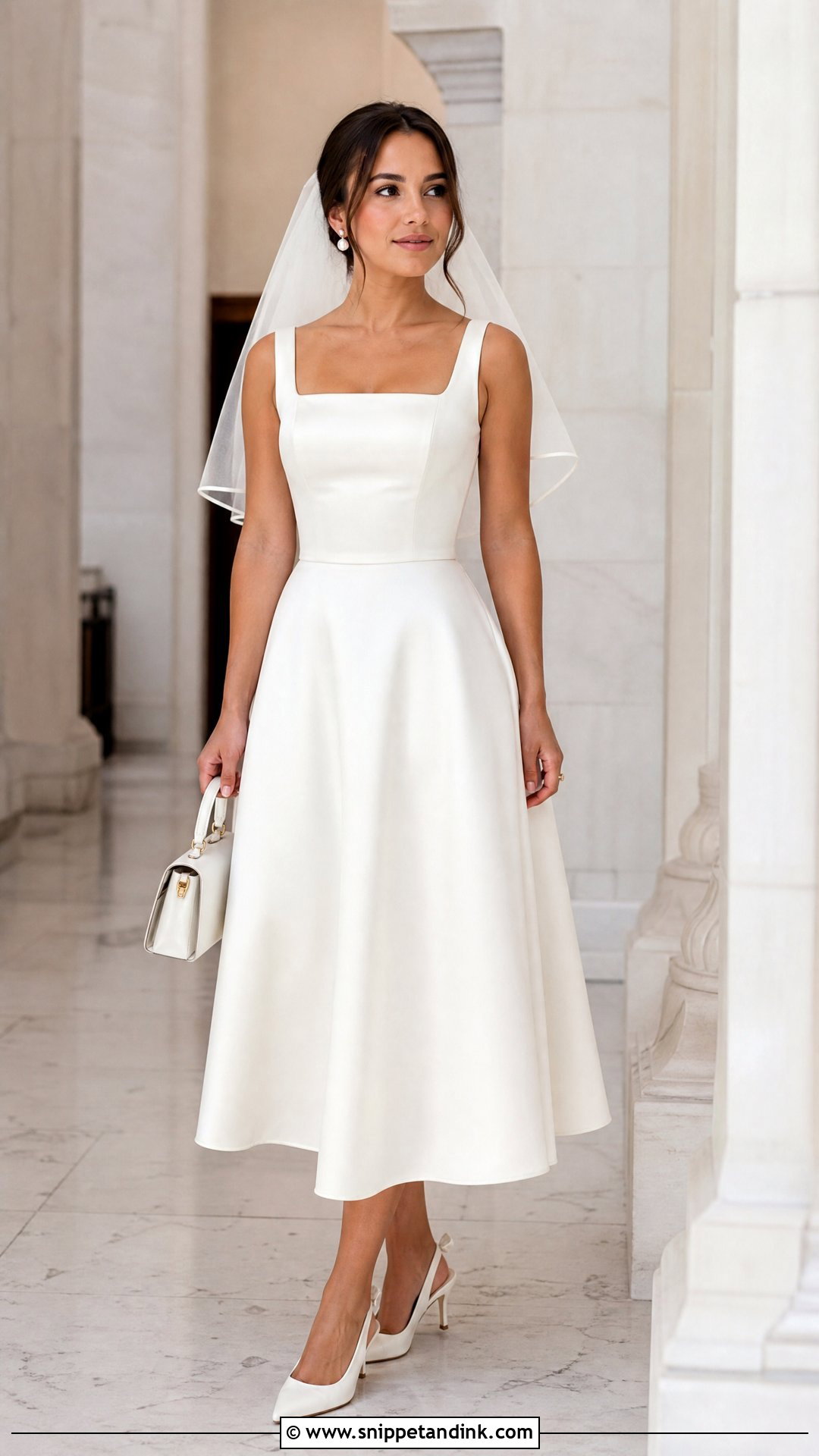 Tea Length Wedding Dress With Slingback Heels - Snippet and Ink - 20 Sleek Wedding Dresses