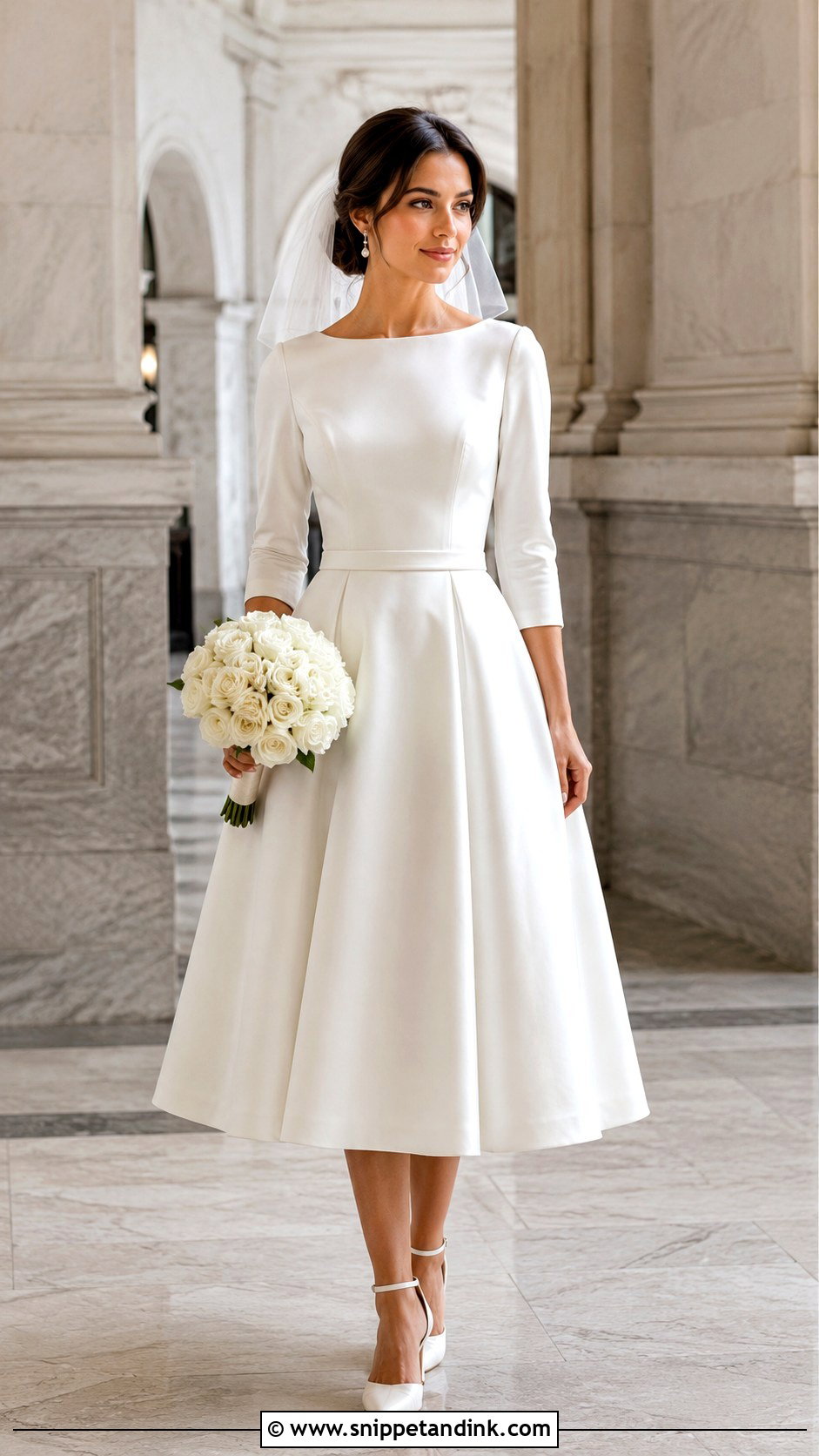 Tea Length Wedding Dress With Three Quarter Sleeves - Snippet and Ink - 20 Modest Simple Wedding Dress Ideas