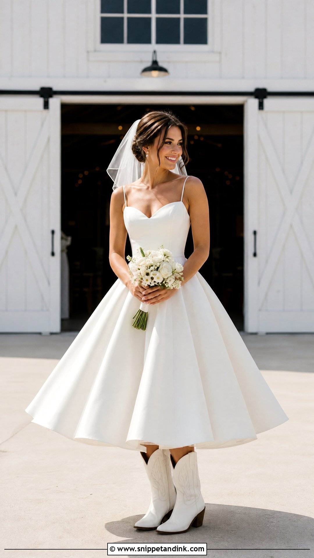 Tea Length Wedding Dress With White Cowboy Boots - Snippet and Ink - 20 Wedding Dress and Cowboy Boots Ideas