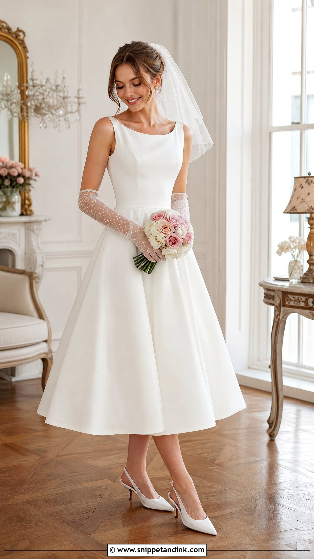 Tea Length Wedding Dress With Wrist Gloves - Snippet and Ink - 20 Wedding Dress and Gloves Ideas