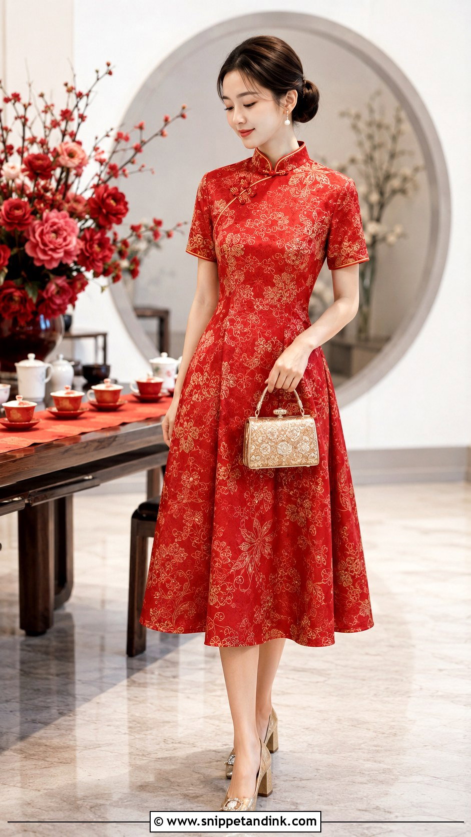 Tea Length Wedding Qipao With Block Heels - Snippet and Ink - 20 Wedding Qipao Ideas