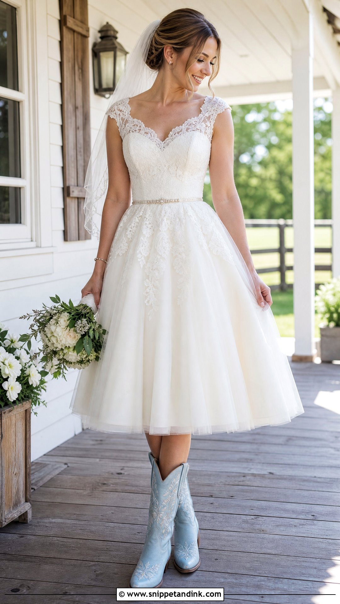 Tea Length Western Bride Dress With Embroidered Boots - Snippet and Ink - 20 Western Bride Dress Ideas