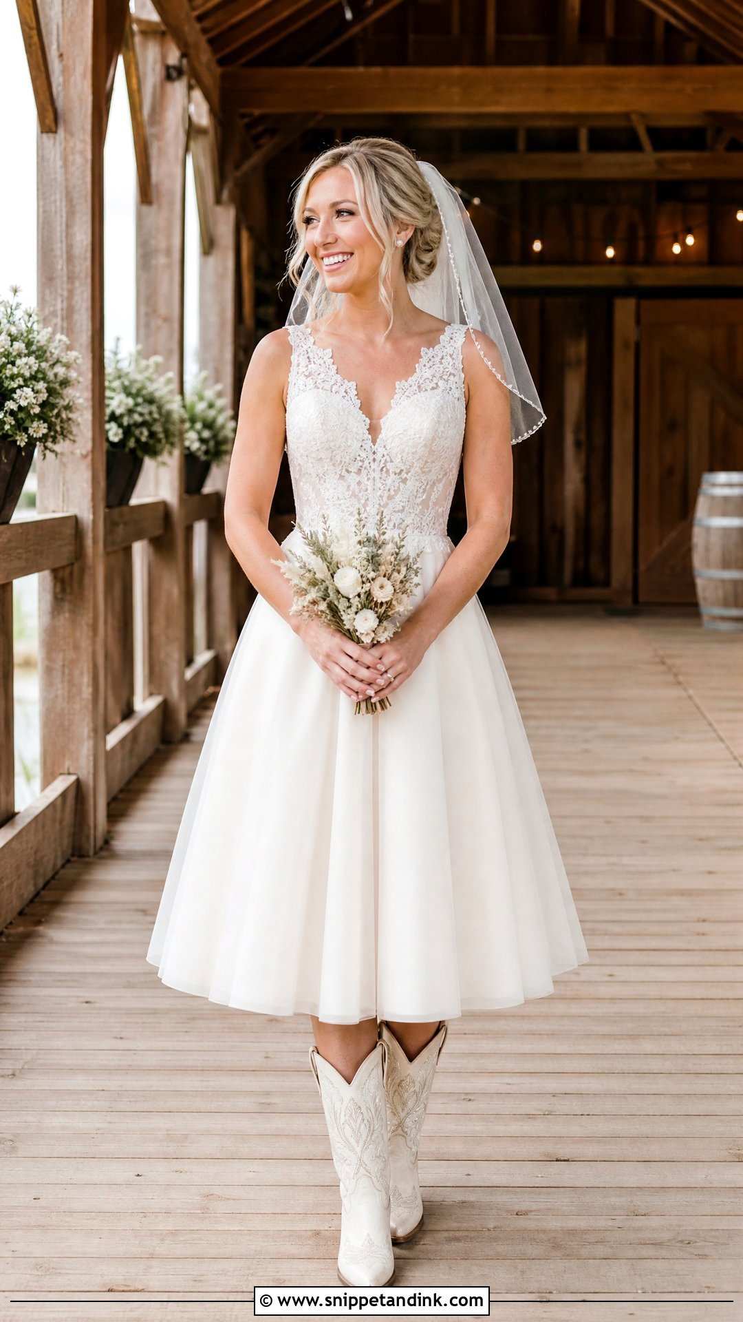 Tea Length Western Wedding Dress With Cowboy Boots - Snippet and Ink - 20 Simple Western Wedding Dress Ideas