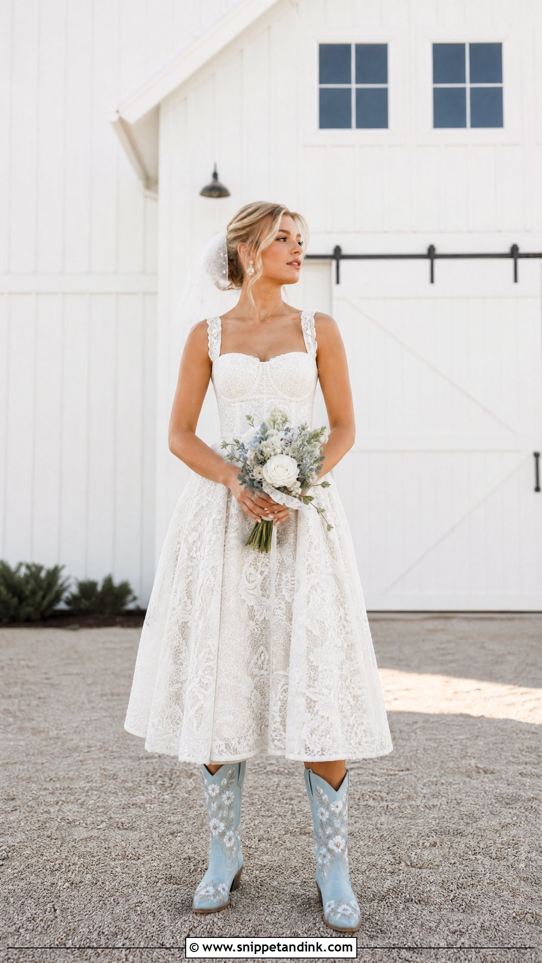 Tea Length Western Wedding Dress With Embroidered Boots - Snippet and Ink - 20 Western Wedding Dresses with Boots