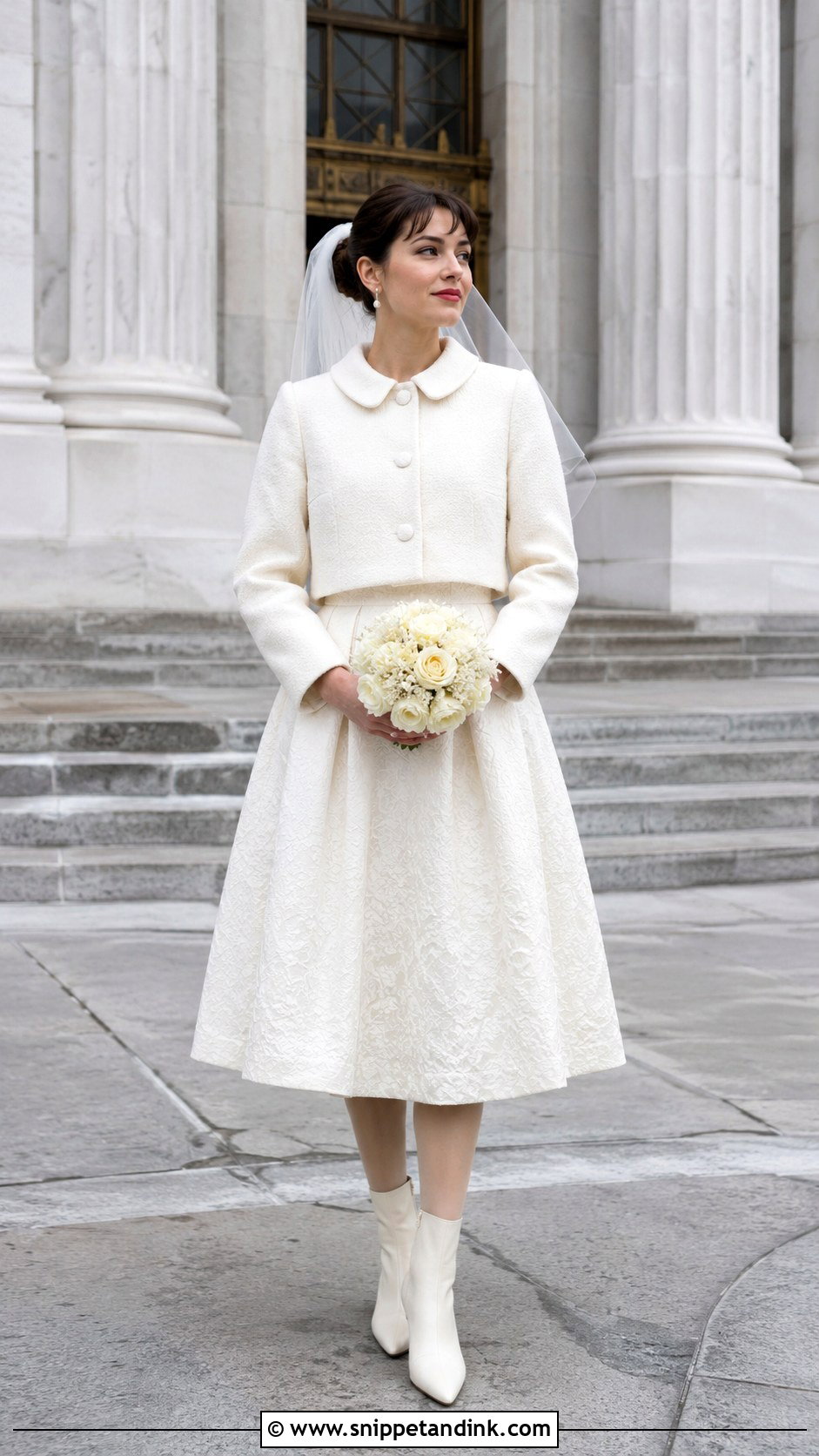 Tea Length Winter Bridal Dress With Tights And Boots - Snippet and Ink - 20 Winter Bridal Outfit Ideas