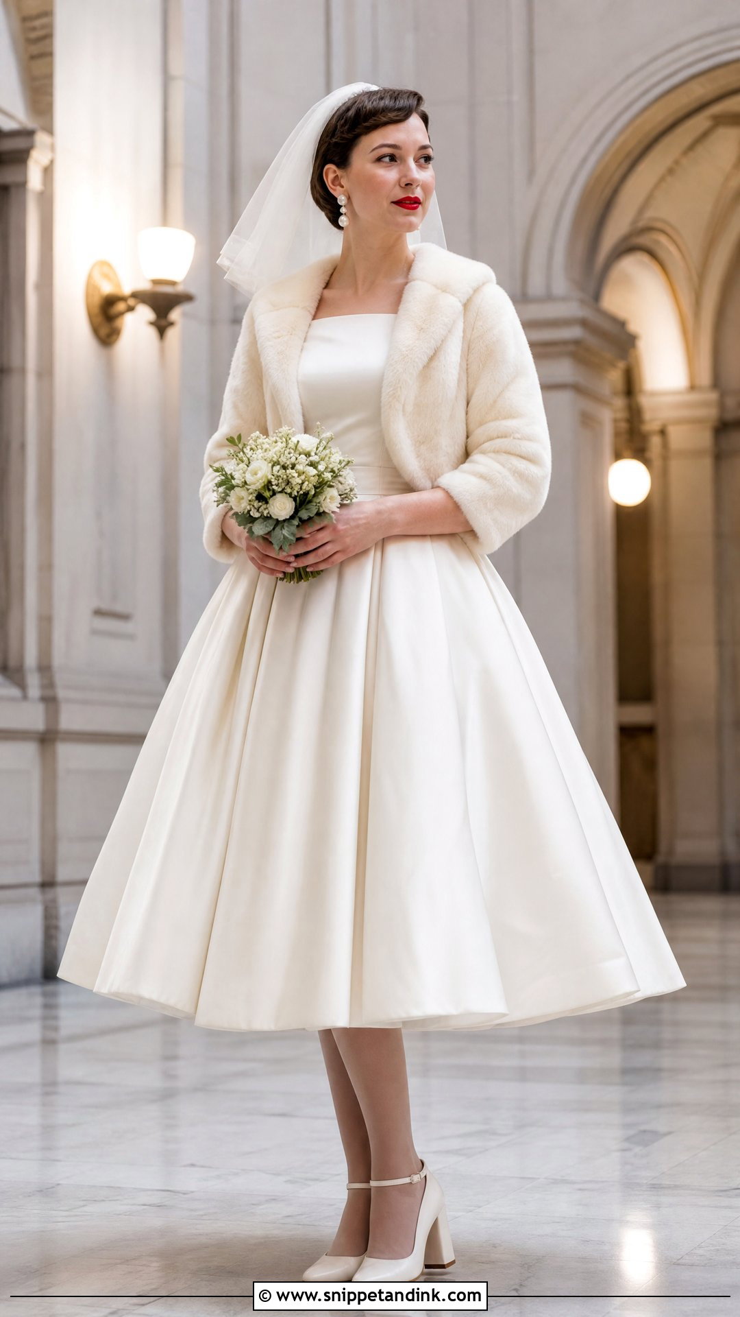 Tea Length Winter Wedding Dress With Fur Bolero - Snippet and Ink - 25 Winter Wedding Dress Fur Ideas