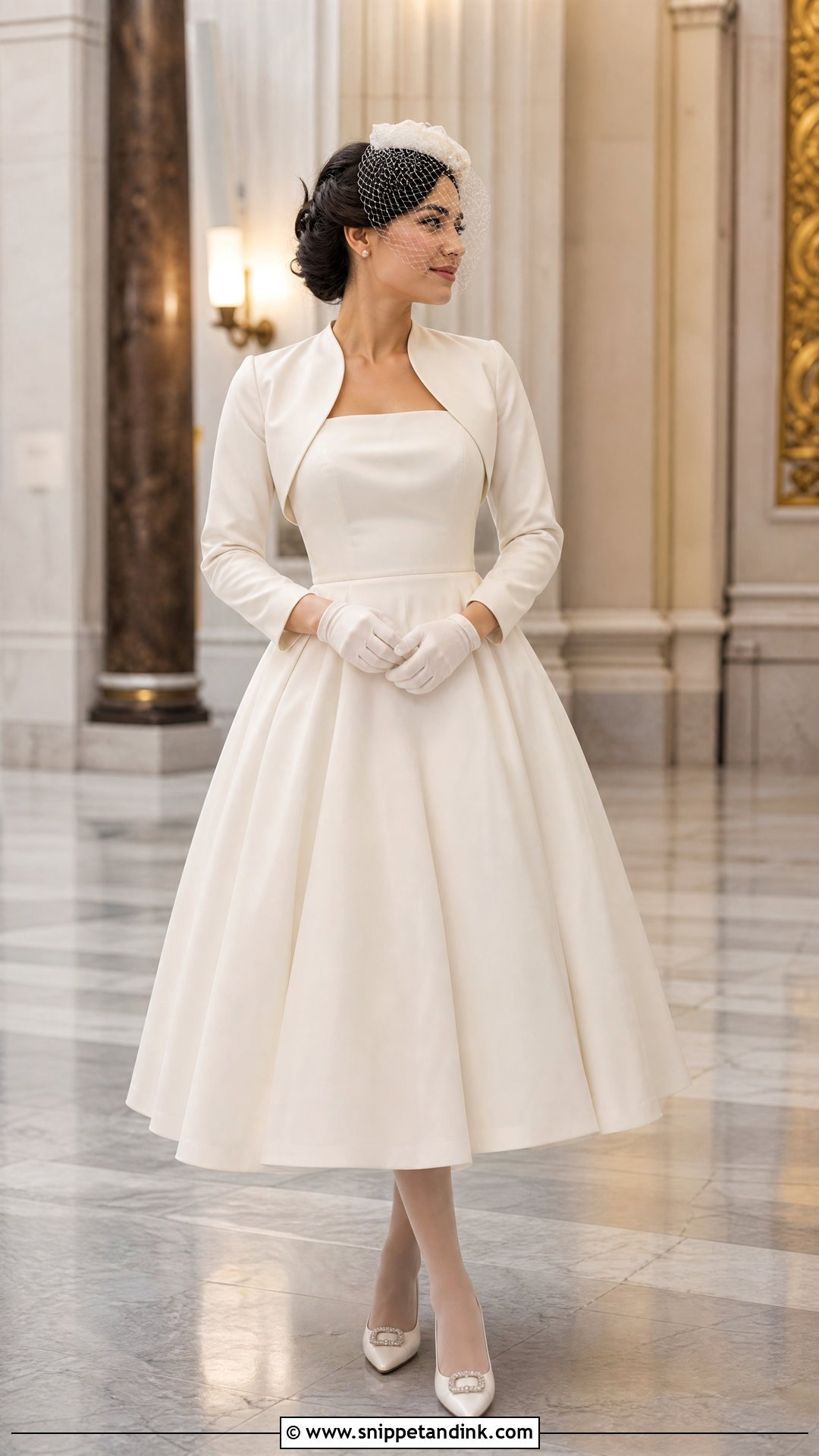 Tea Length Winter Wedding Gown With Bolero - Snippet and Ink - 25 Winter Wedding Gowns