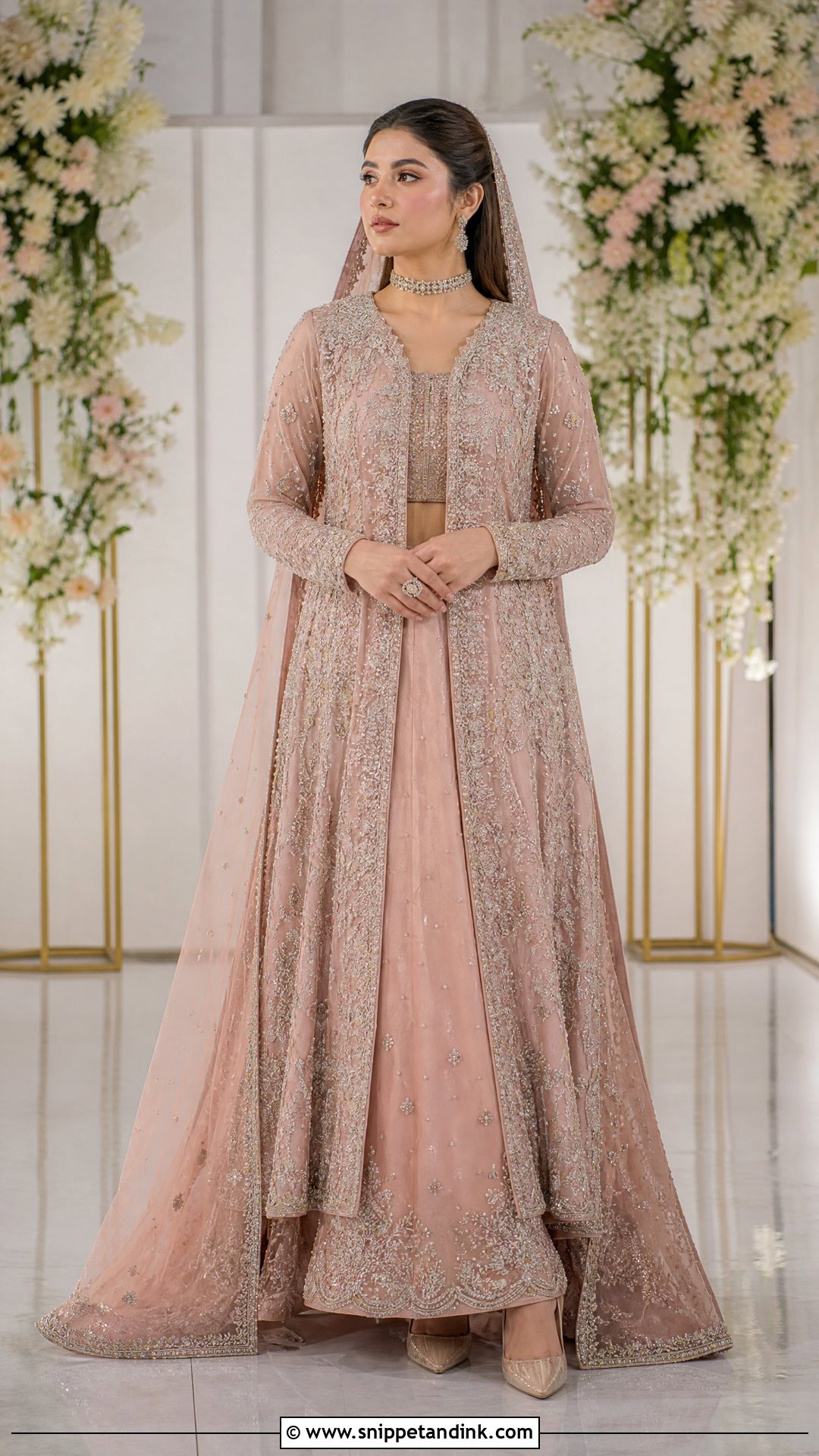 Tea Pink Bridal Jacket Gown With Lehenga - Snippet and Ink - 20 Tea Pink Bridal Dress Pakistani Ideas