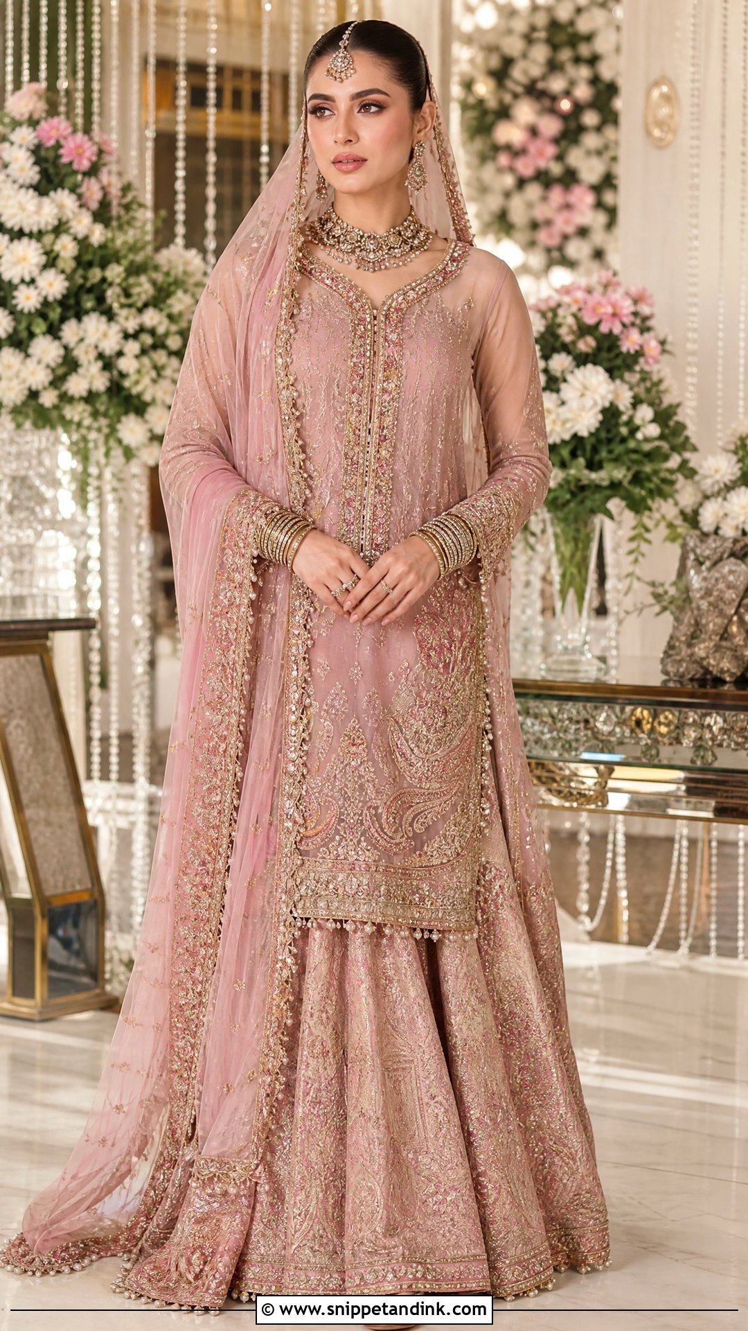 Tea Pink Jamawar Lehenga With Net Shirt - Snippet and Ink - 20 Tea Pink Bridal Dress Pakistani Ideas