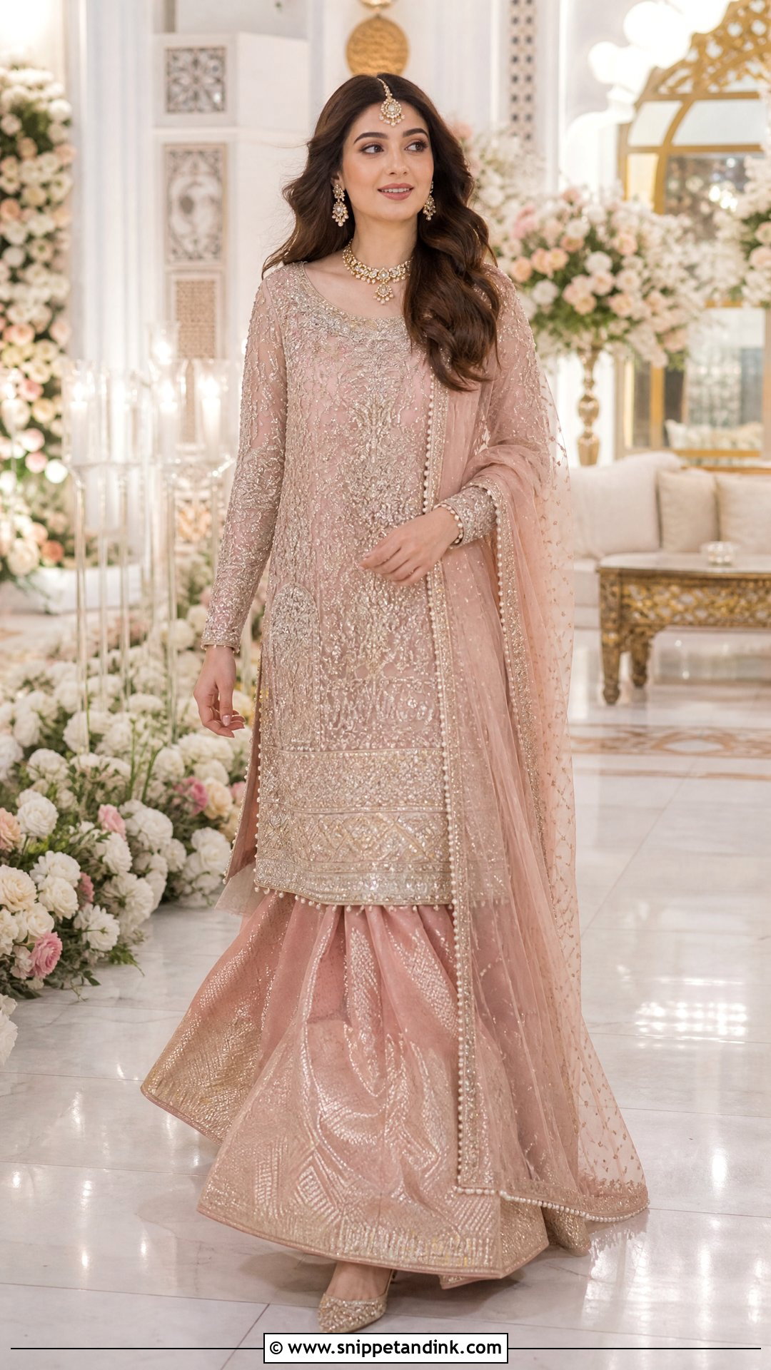 Tea Pink Long Shirt With Bridal Lehenga - Snippet and Ink - 20 Tea Pink Bridal Dress Pakistani Ideas