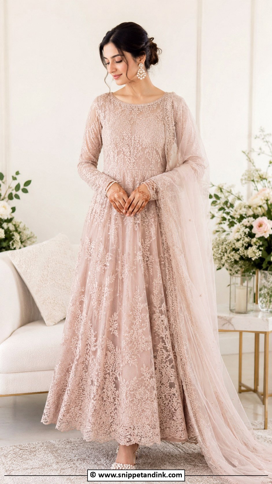Tea Pink Nikkah Maxi With Lace Dupatta - Snippet and Ink - 30 Pakistani Nikkah Dress Ideas