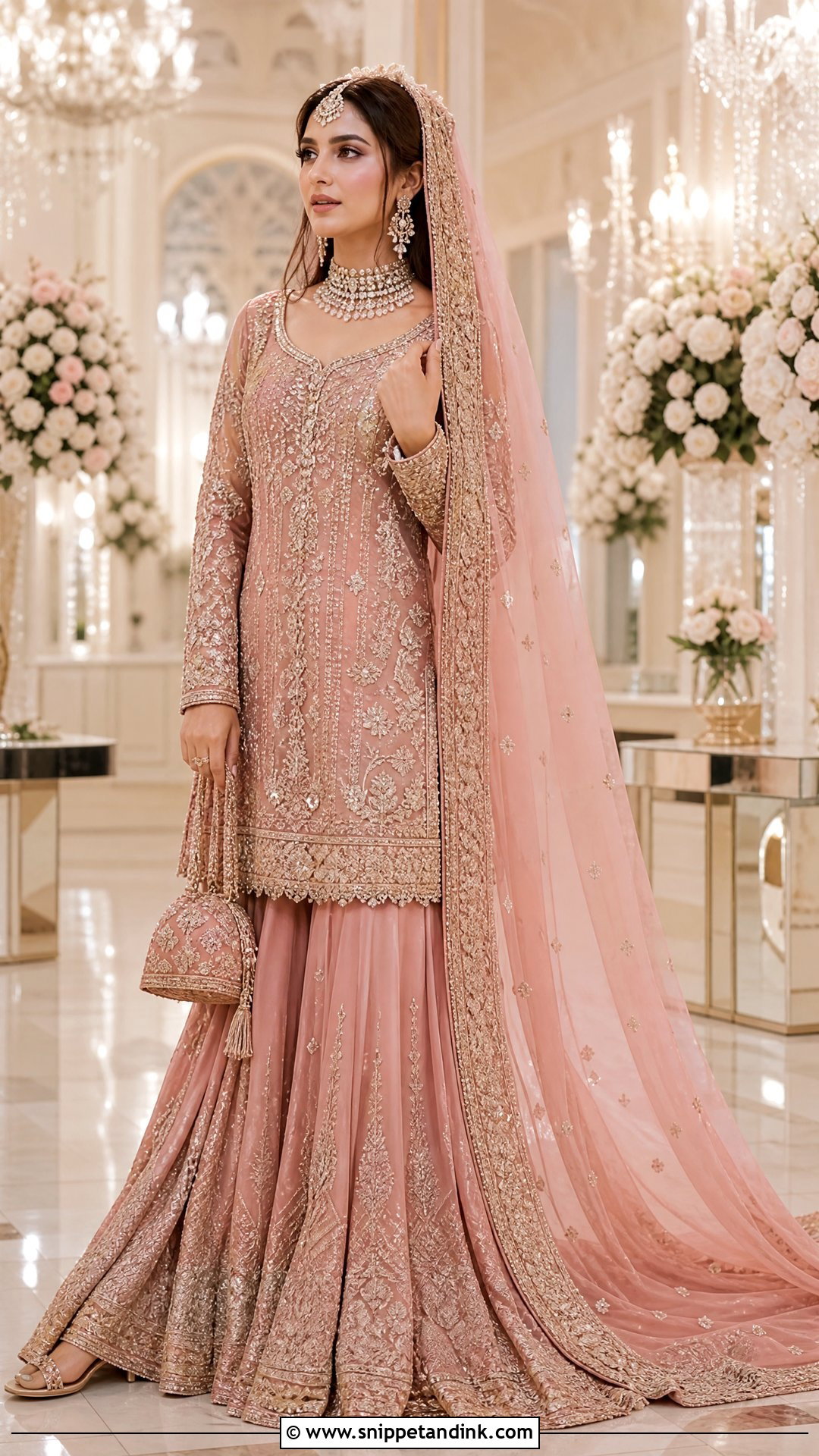 Tea Pink Pakistani Walima Bridal Farshi Gharara - Snippet and Ink - 20 Pakistani Walima Bridal Dresses