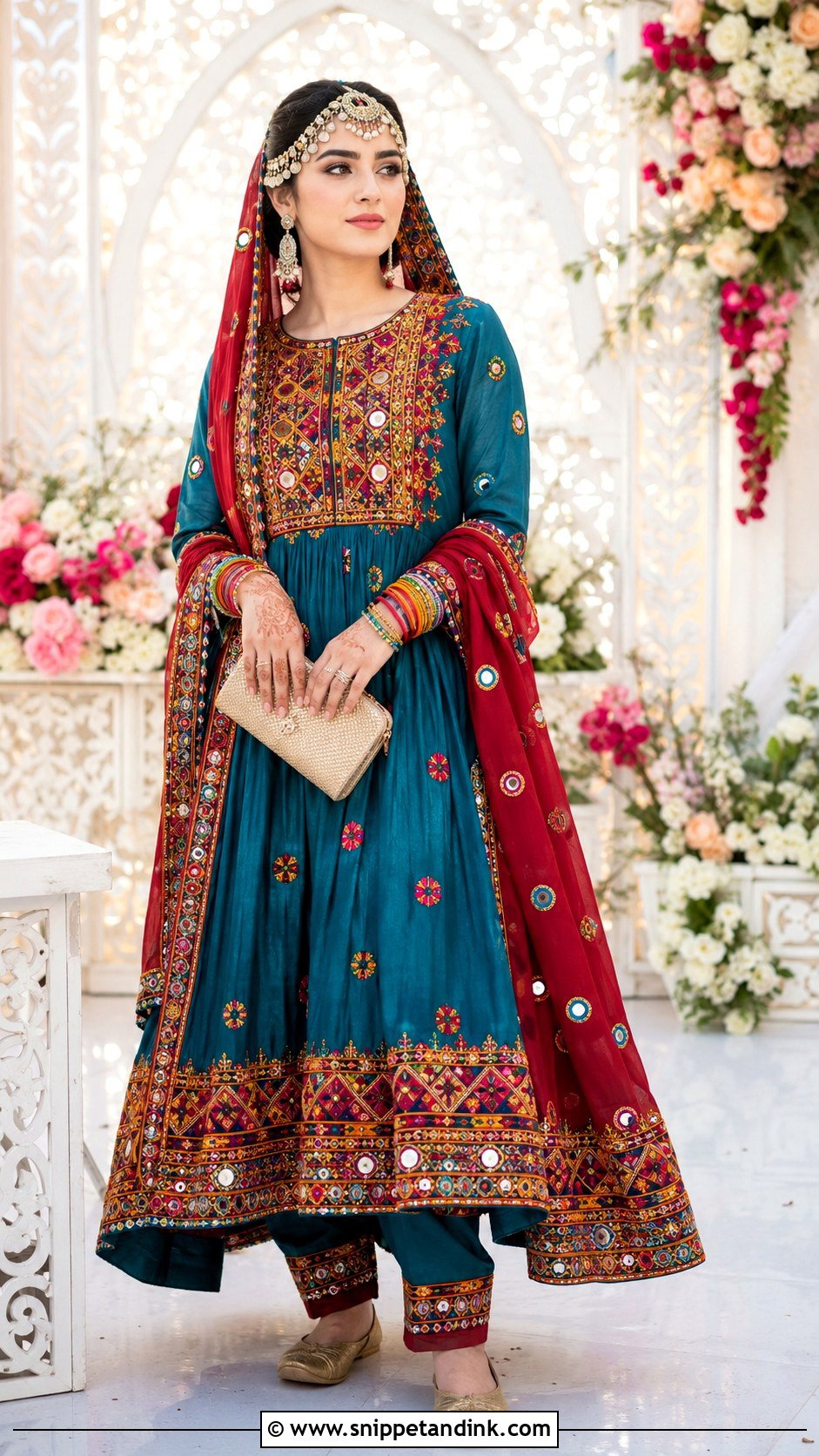 Teal Afghan Bridal Dress With Colorful Embroidery - Snippet and Ink - 20 Afghan Bridal Dress Ideas