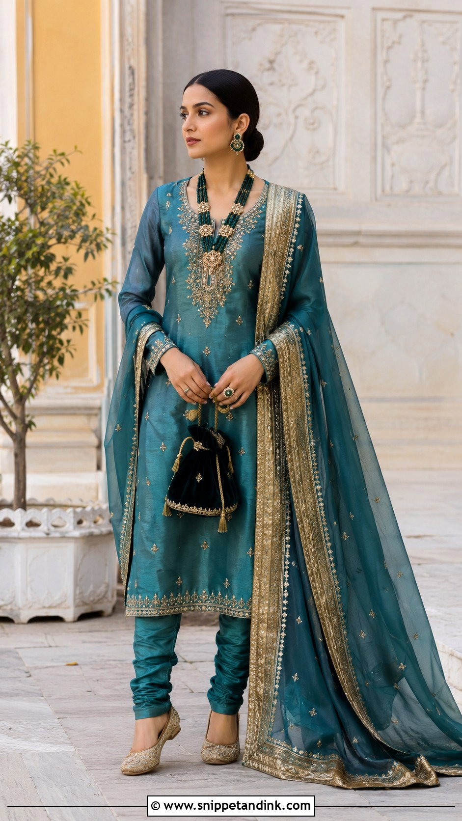 Teal And Antique Gold Khada Dupatta Outfit - Snippet and Ink - 20 Khada Duppata Hyderabadi Ideas
