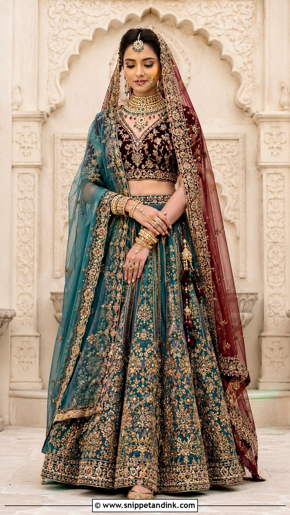 Teal And Maroon Barat Lehnga - Snippet and Ink - 20 Barat Lehnga Pakistani Bridal Ideas