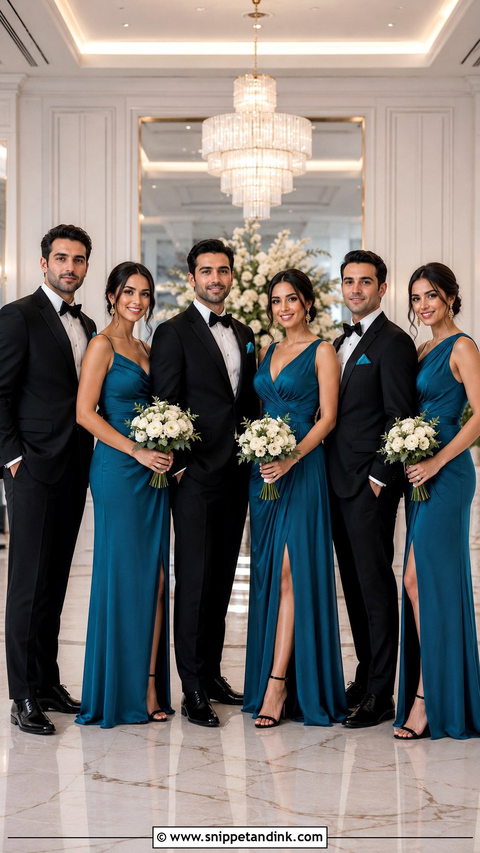Teal Blue Dresses With Black Tuxedos - Snippet and Ink - 20 Blue Wedding Party Attire Ideas