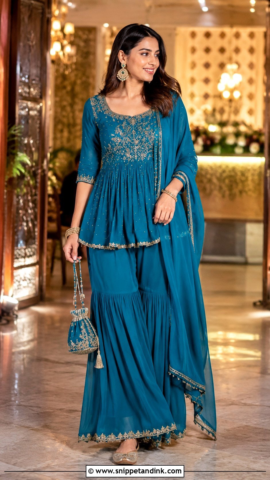Teal Blue Peplum Sharara Sangeet Outfit - Snippet and Ink - 20 Blue Sangeet Outfit Ideas