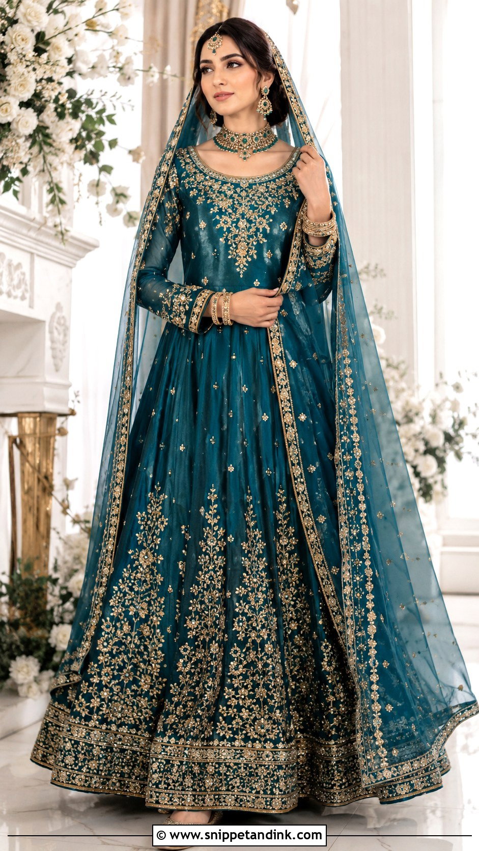 Teal Bridal Anarkali With Dupatta - Snippet and Ink - 30 Indian Muslim Bridal Dress Ideas