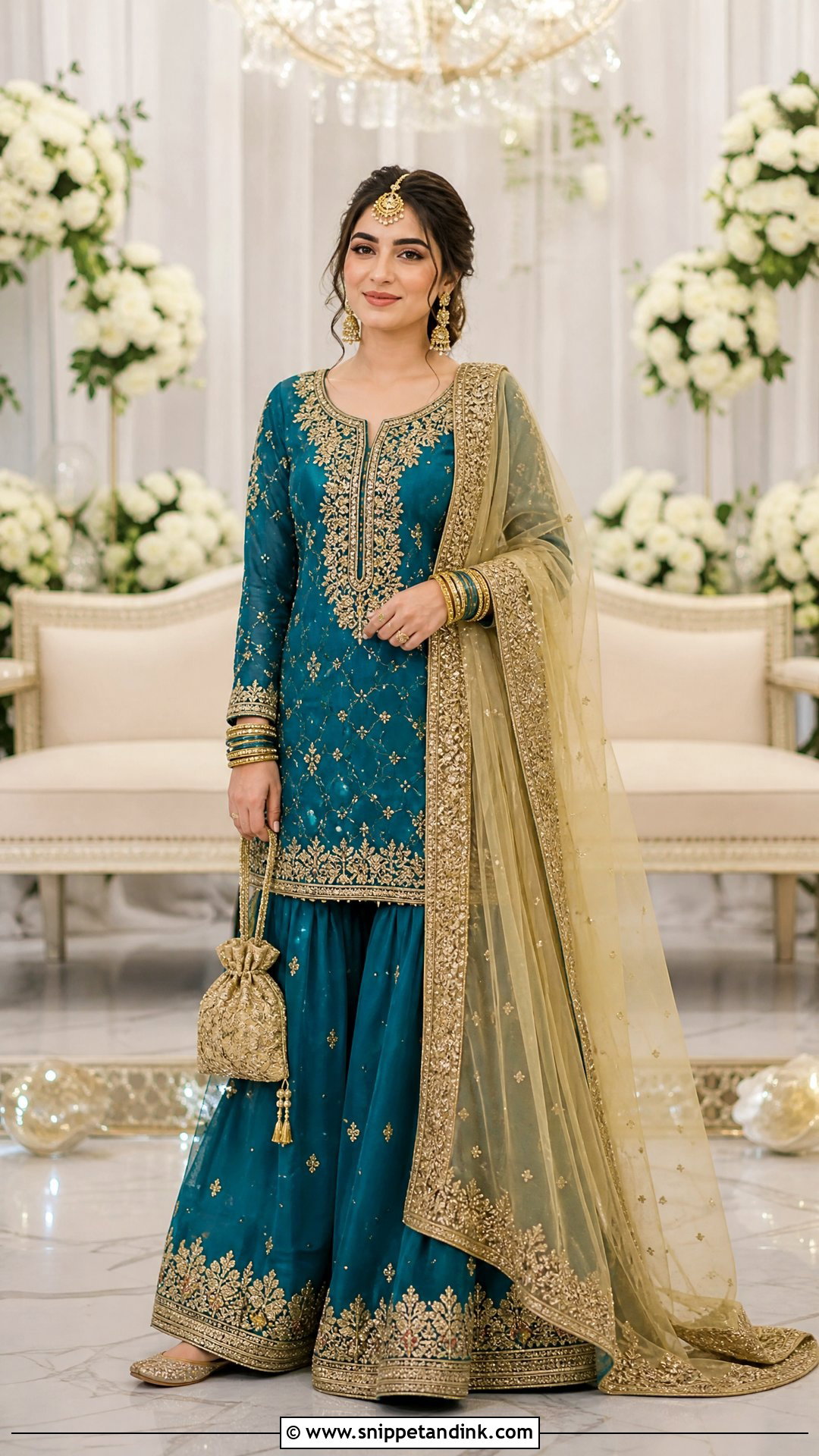 Teal Bridal Sharara With Gold Dupatta - Snippet and Ink - 25 Latest Bridal Dresses Pakistan