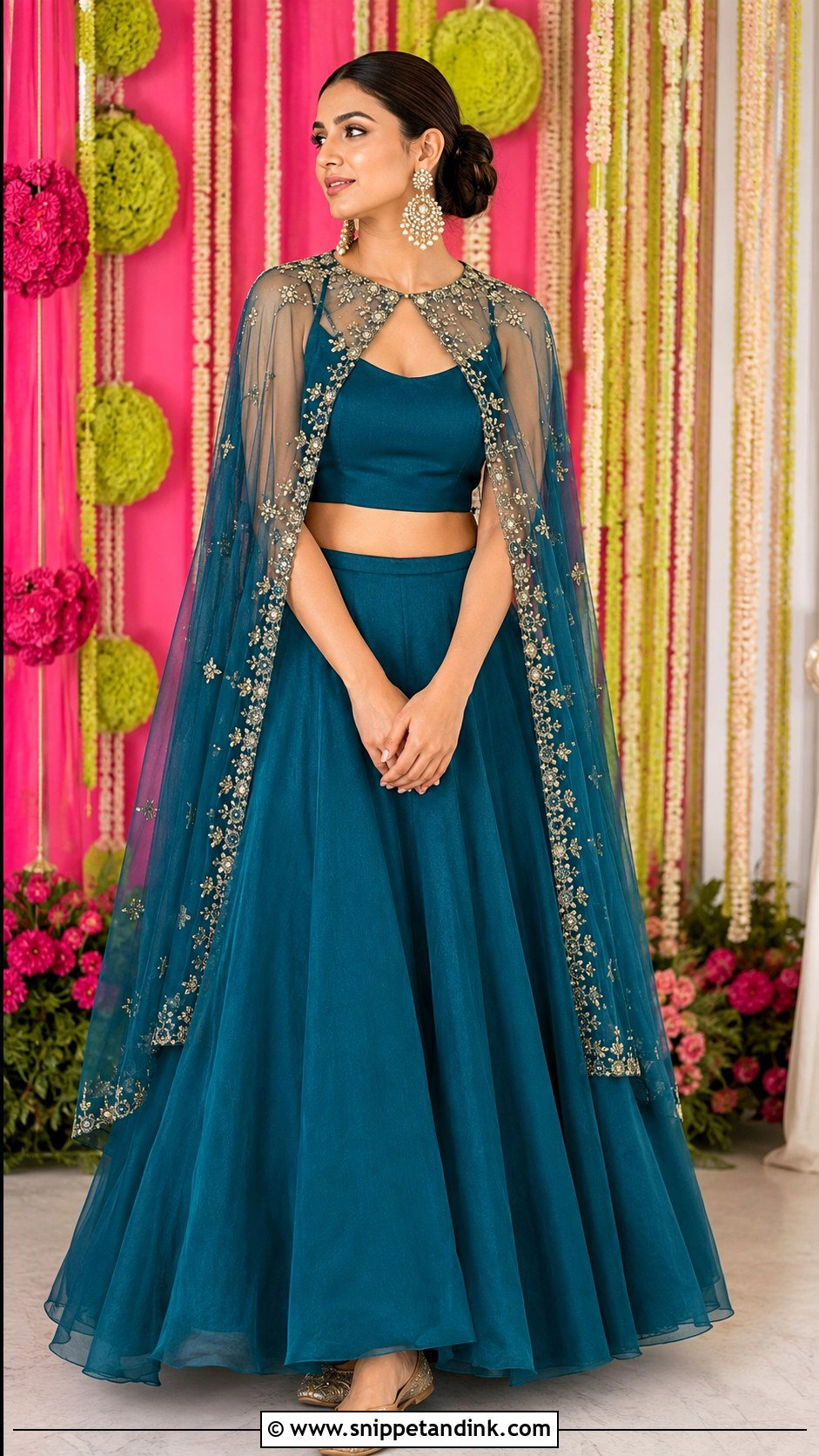 Teal Cape Lehenga Mehndi Outfit - Snippet and Ink - 20 Mehndi Party Dress Ideas