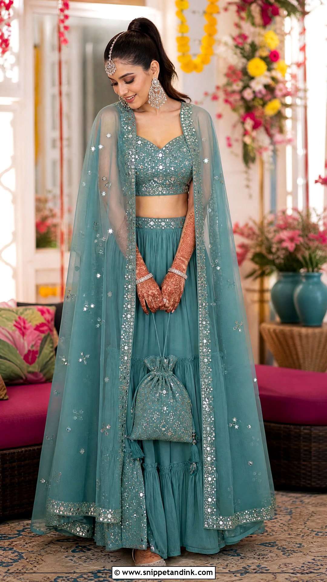 Teal Cape Mehndi Bridal Lehenga - Snippet and Ink - 25 Mehndi Bridal Dress Ideas