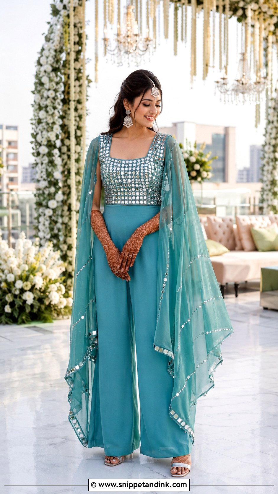 Teal Cape Pants Mehndi Outfit - Snippet and Ink - 20 Mehndi Ceremony Outfit for Bride Ideas