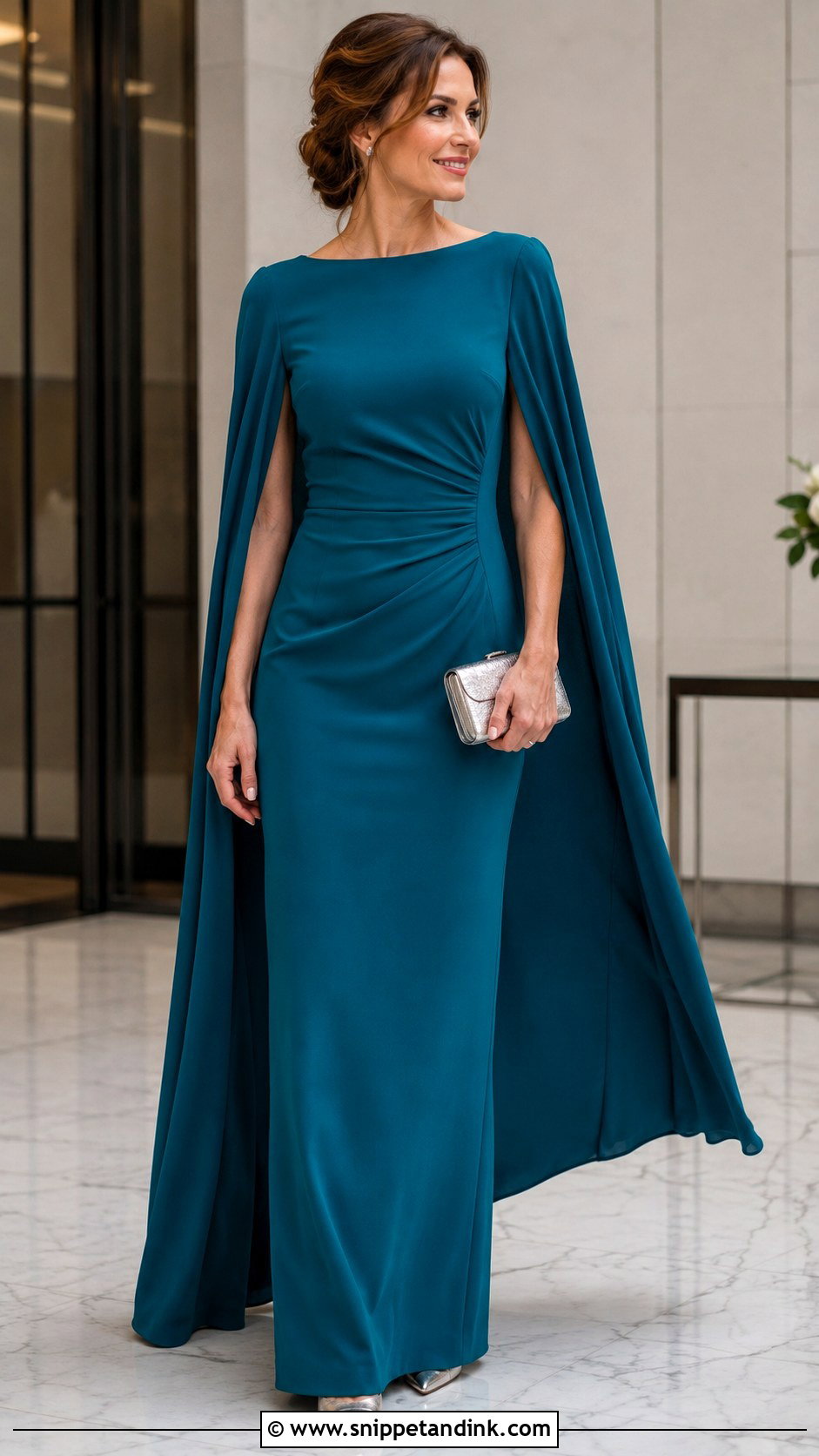 Teal Cape Sleeve Gown With Metallic Pumps - Snippet and Ink - 20 Simple Gown Ideas