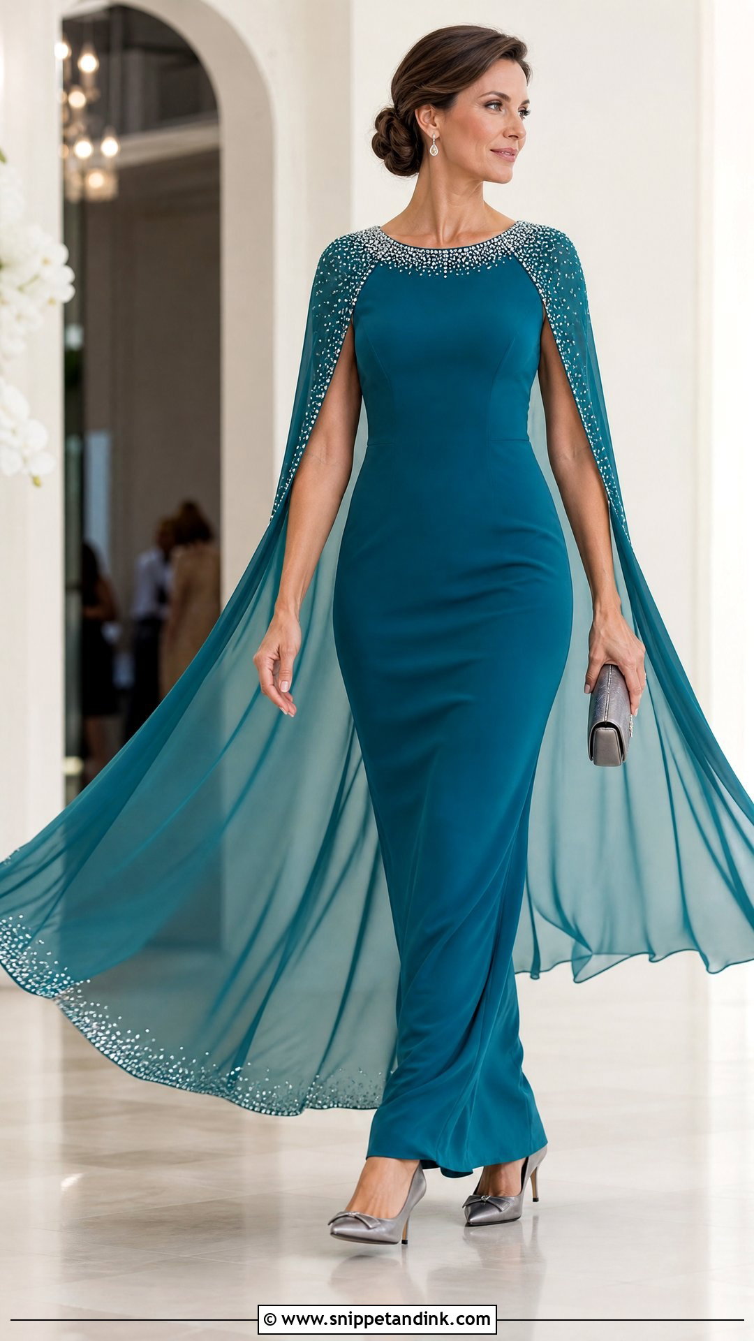Teal Cape Sleeve Rhinestone Gown - Snippet and Ink - 20 Rhinestone Gown Ideas