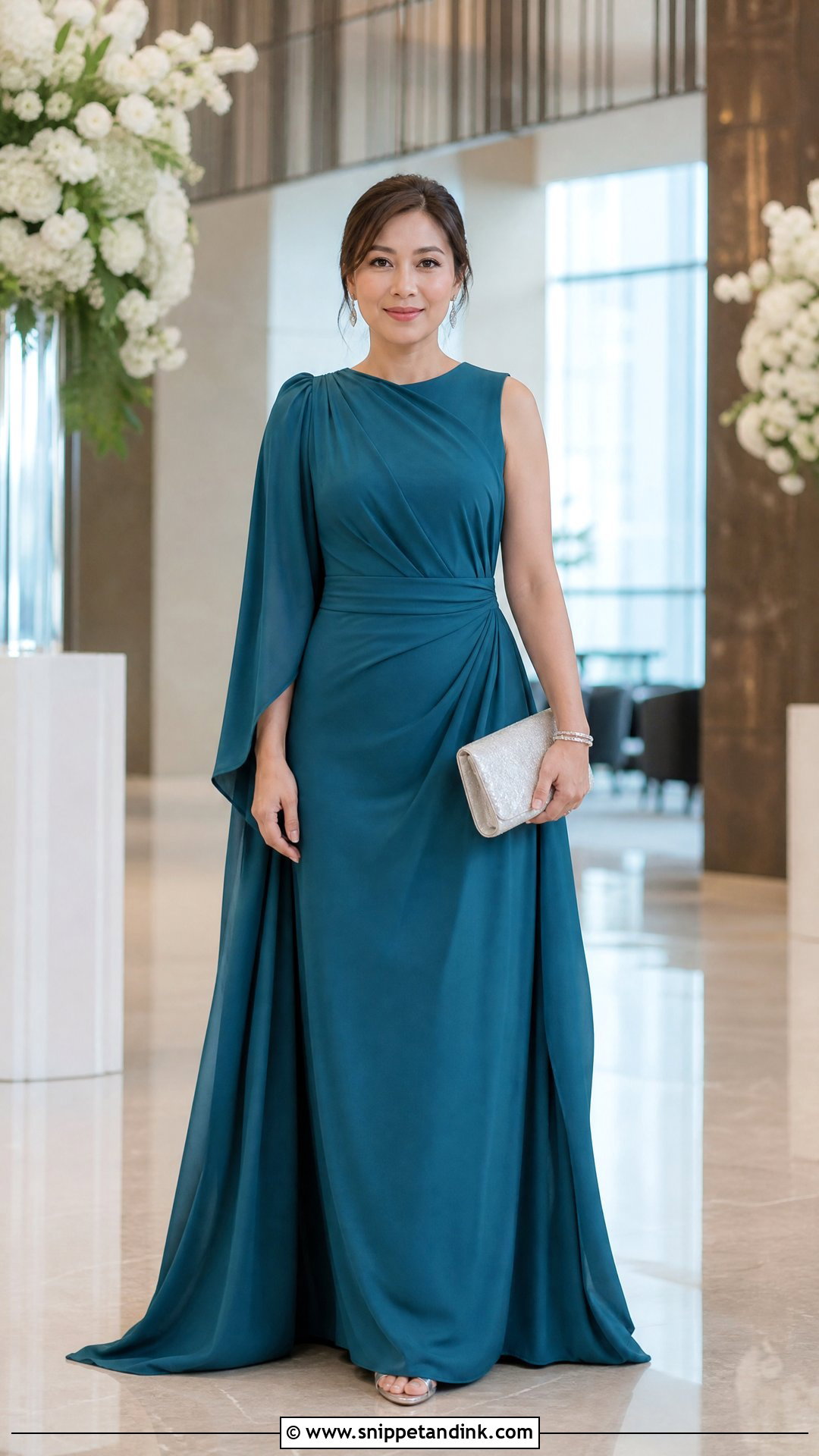 Teal Draped Sleeve Ninang Gown - Snippet and Ink - 20 Ninang Outfit for Wedding Ideas