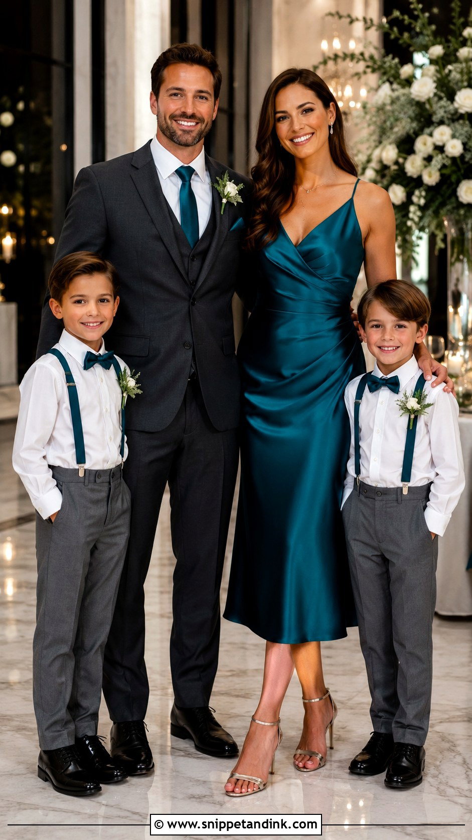 Teal Dress And Charcoal Suit Family Wedding Outfit - Snippet and Ink - 25 Family Wedding Outfits