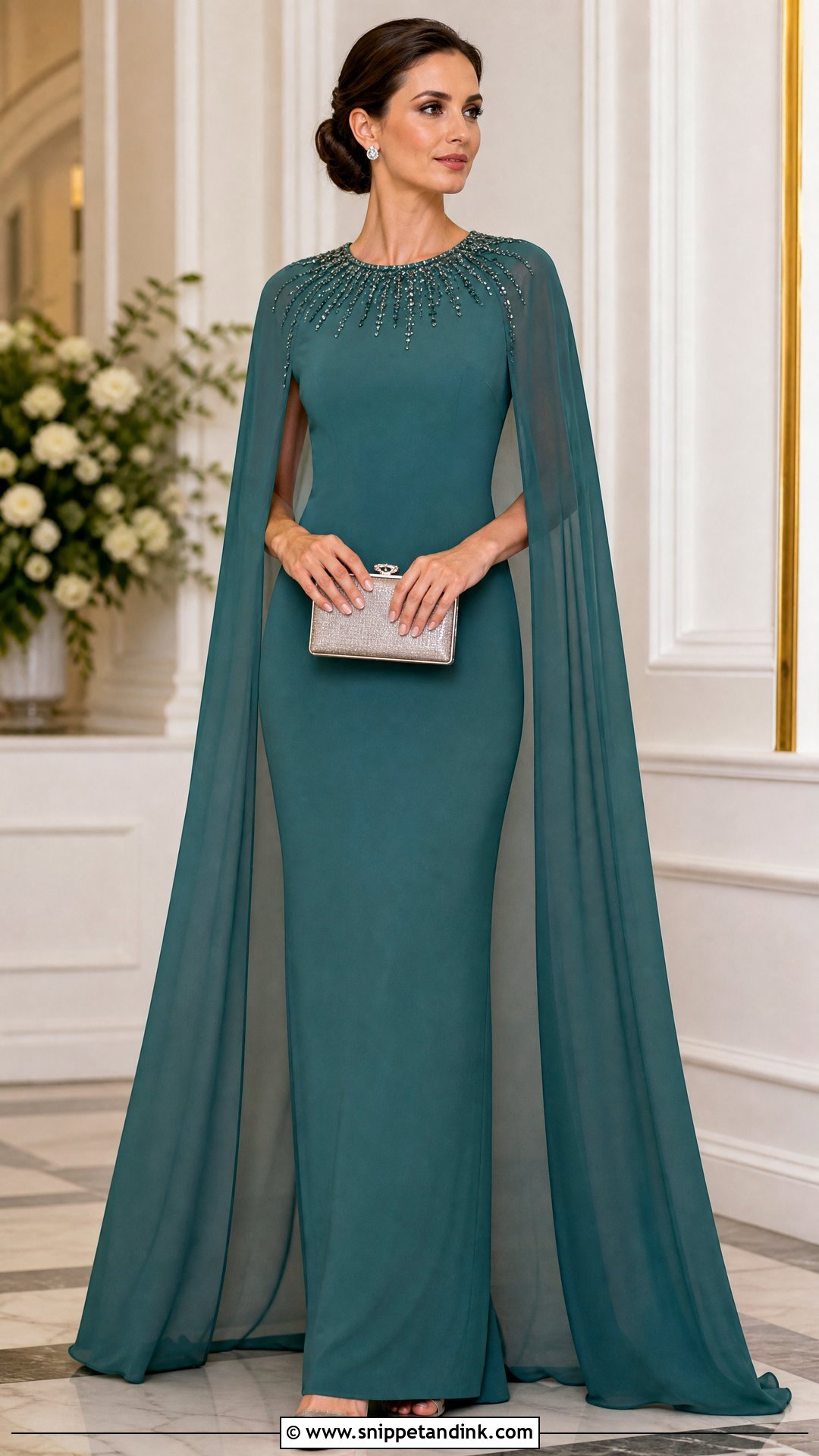 Teal Embellished Cape Gown - Snippet and Ink - 20 Regal Dress Gowns