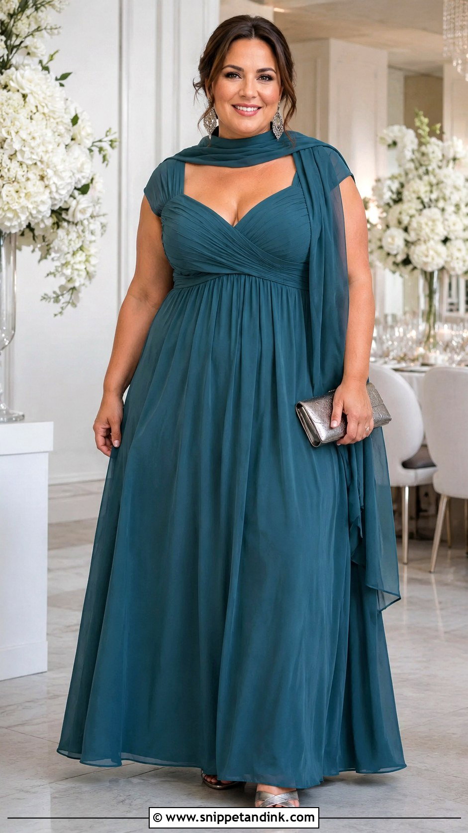 Teal Empire Waist Gown With Neck Scarf - Snippet and Ink - 20 Gown with Neck Scarf Ideas