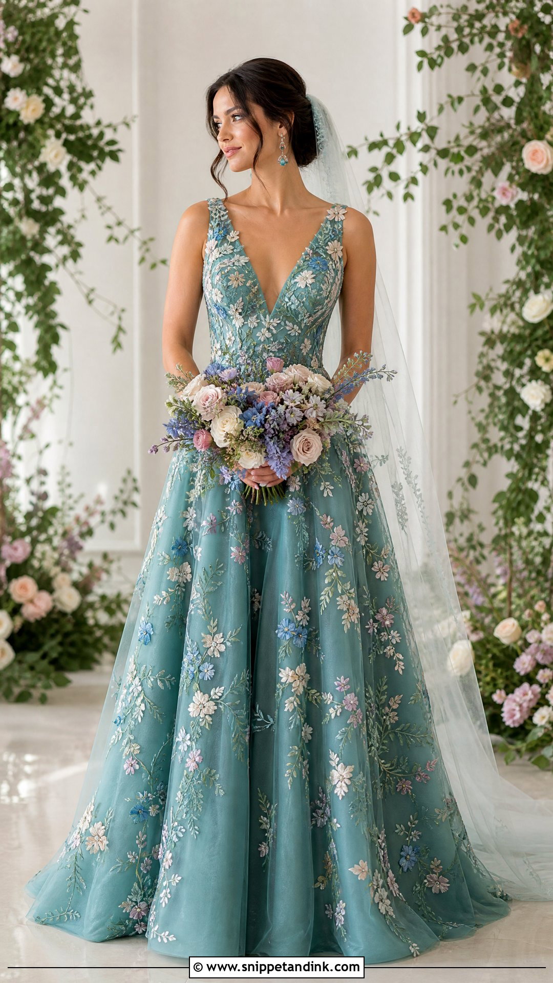 Teal Floral Embroidered Wedding Dress - Snippet and Ink - 25 Teal Wedding Dress Ideas
