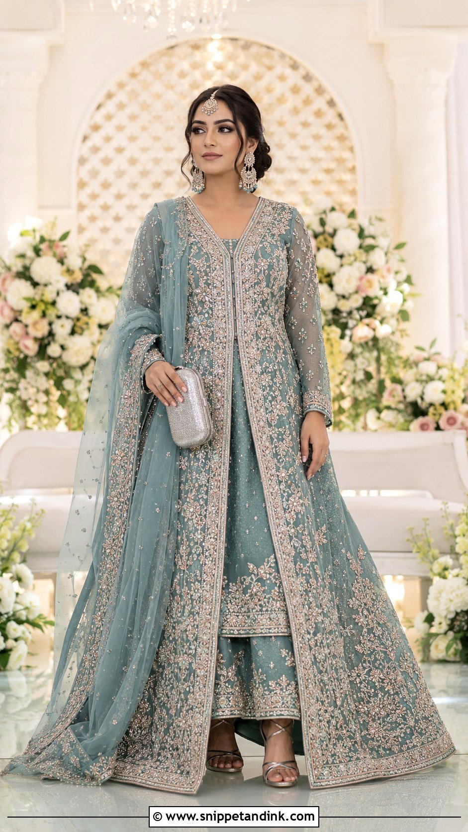 Teal Front Open Peshwas Mangni Dress - Snippet and Ink - 20 Mangni Dress Pakistani Bridal Ideas