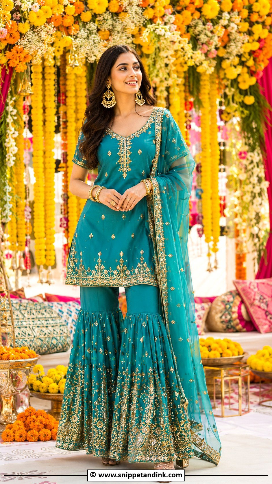Teal Gharara Mehendi Outfit For Sister - Snippet and Ink - 30 Mehendi Outfits Sisters