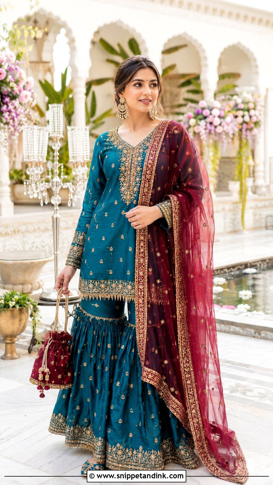 Teal Gharara With Maroon Dupatta - Snippet and Ink - 20 Maroon Dupatta Combination Ideas