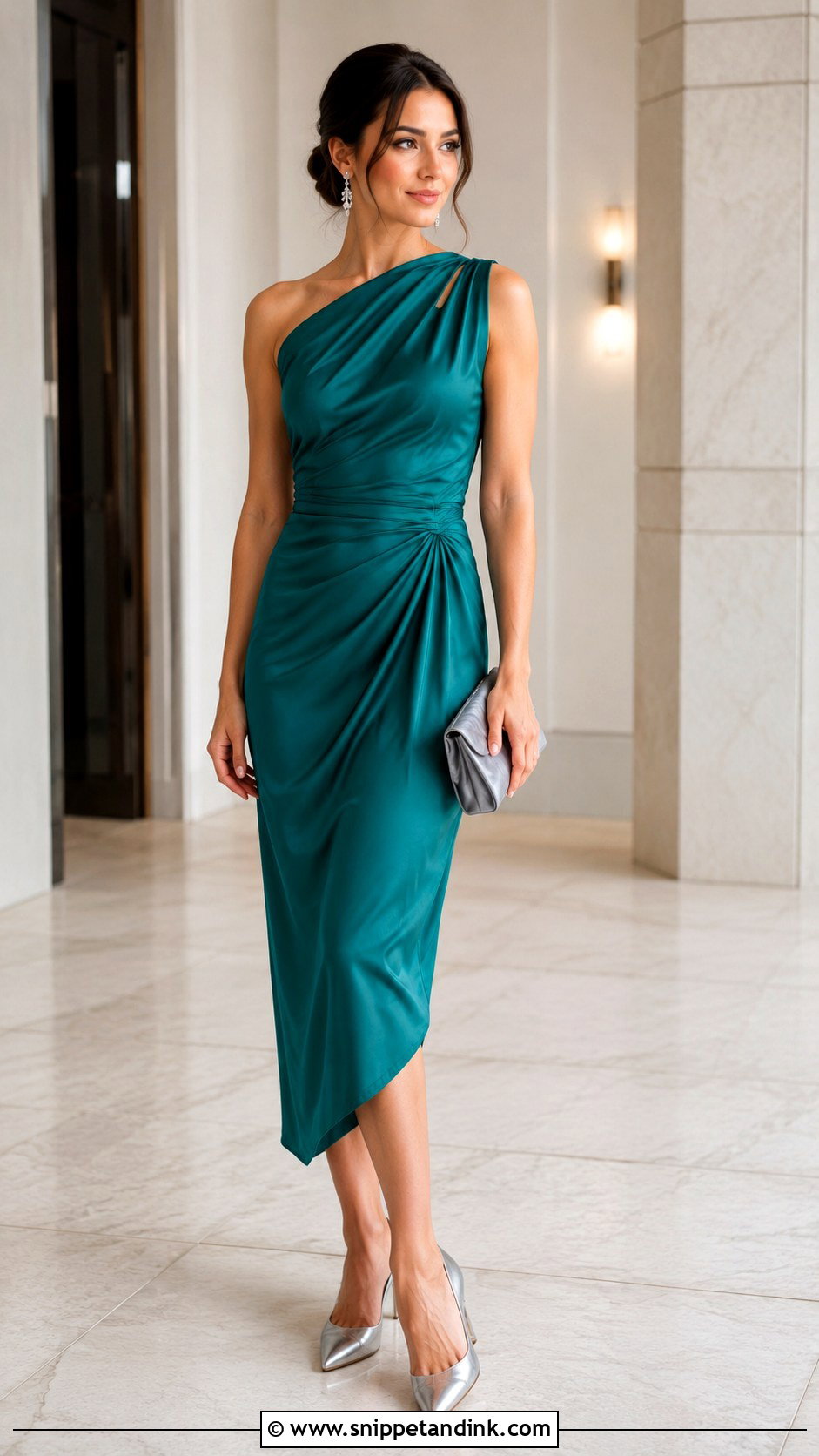 Teal Green Draped Midi Wedding Guest Outfit - Snippet and Ink - 20 Green Wedding Outfit Ideas