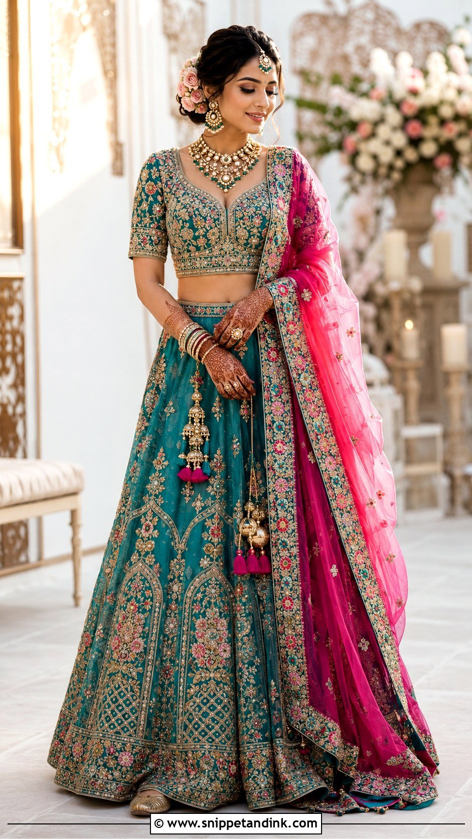 Teal Green Embroidered Bridal Mehndi Lehenga - Snippet and Ink - 20 Green Bridal Mehndi Outfit Ideas