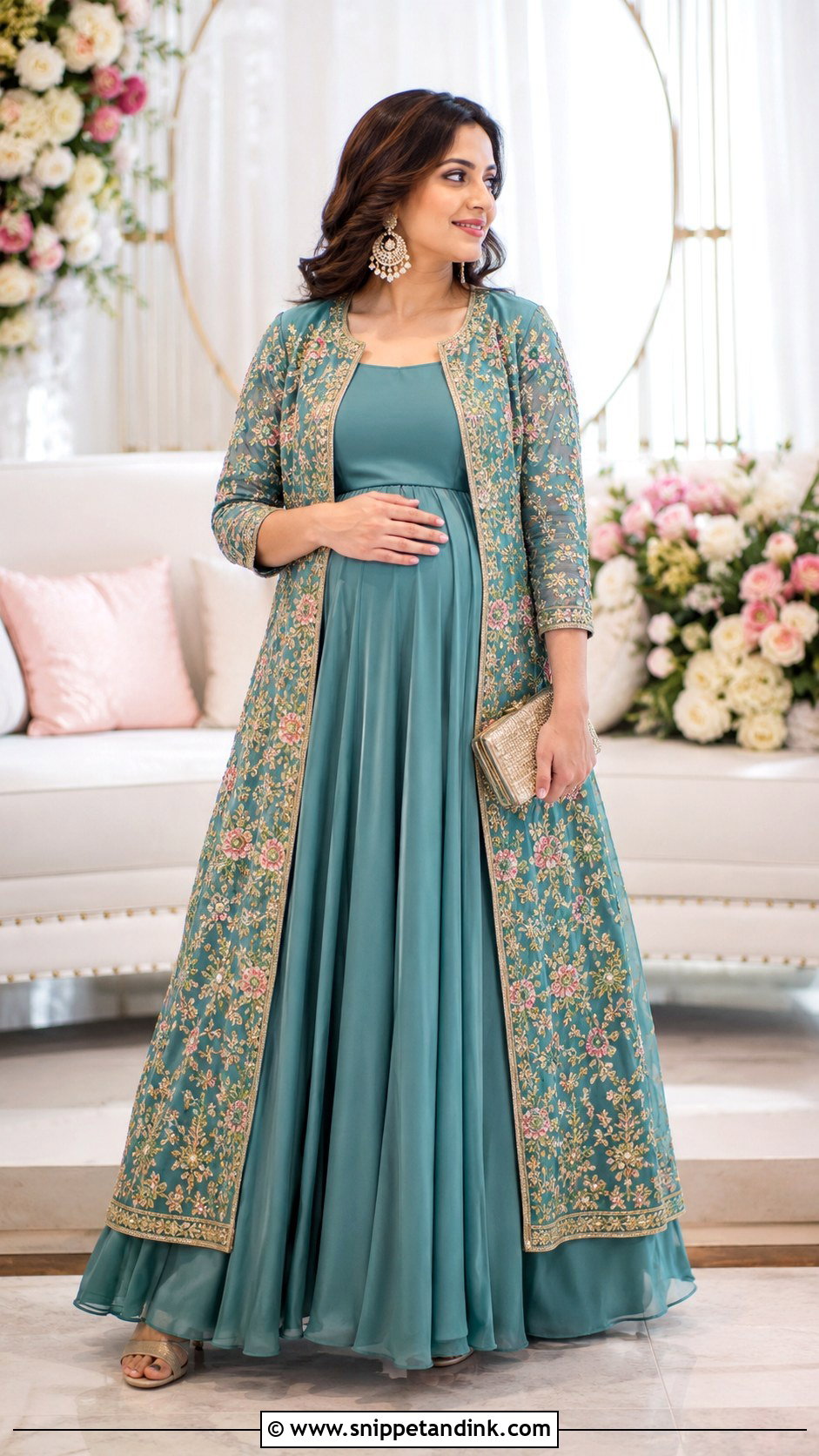Teal Jacket Lehenga Godh Bharai Outfit - Snippet and Ink - 25 Godh Bharai Outfit Ideas