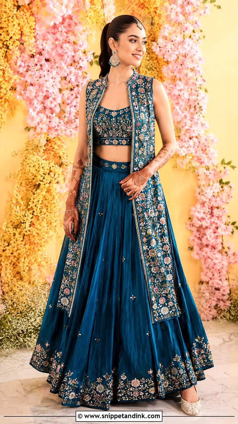 Teal Jacket Lehenga Mehendi Outfit - Snippet and Ink - 20 Mehendi Ceremony Outfits Brides