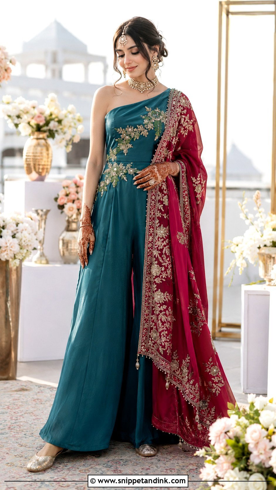 Teal Jumpsuit With Dupatta Mehandi Bridal Outfit - Snippet and Ink - 20 Mehandi Bridal Dress Ideas