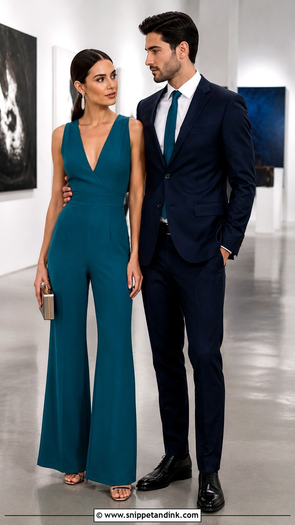 Teal Jumpsuit and Navy Suit Wedding Couple Outfit - Snippet and Ink - 20 Matching Couple Outfits for Wedding