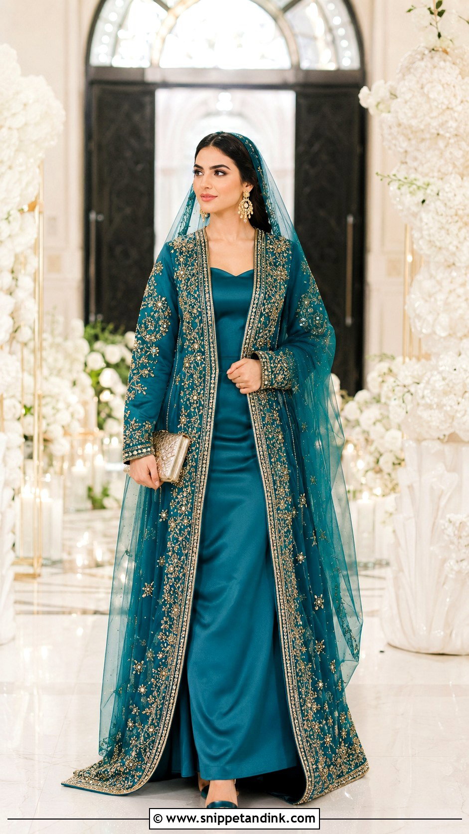 Teal Khaleeji Wedding Dress With Embroidered Jacket - Snippet and Ink - 20 Khaleeji Wedding Dresses
