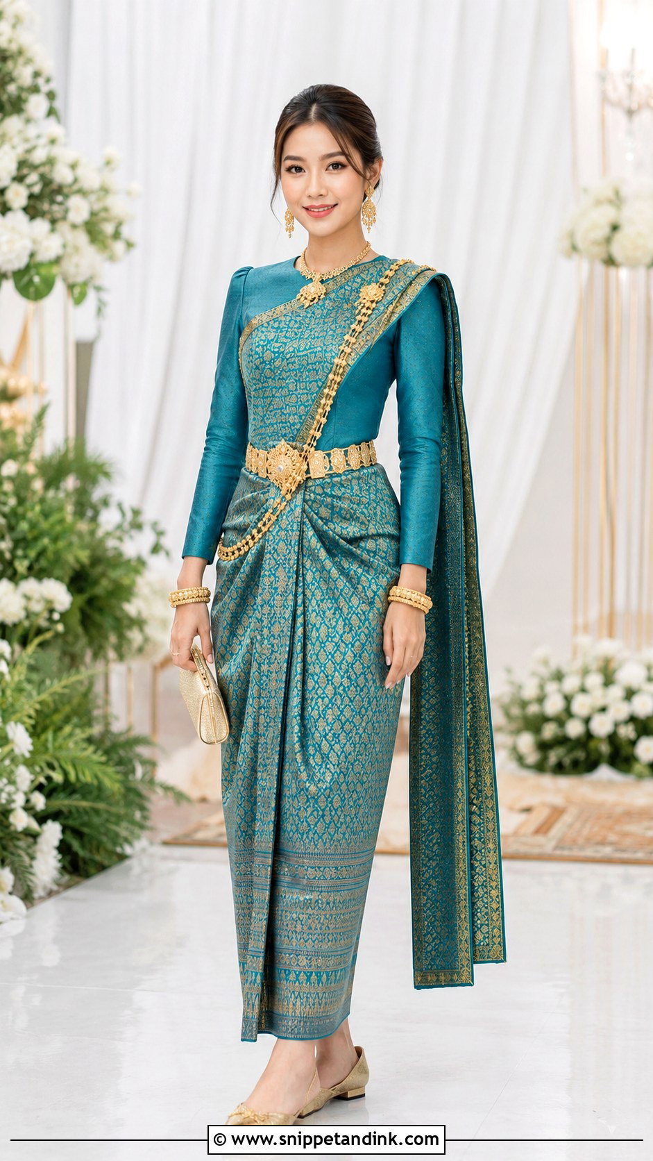 Teal Khmer Wedding Outfit - Snippet and Ink - 20 Khmer Wedding Outfits