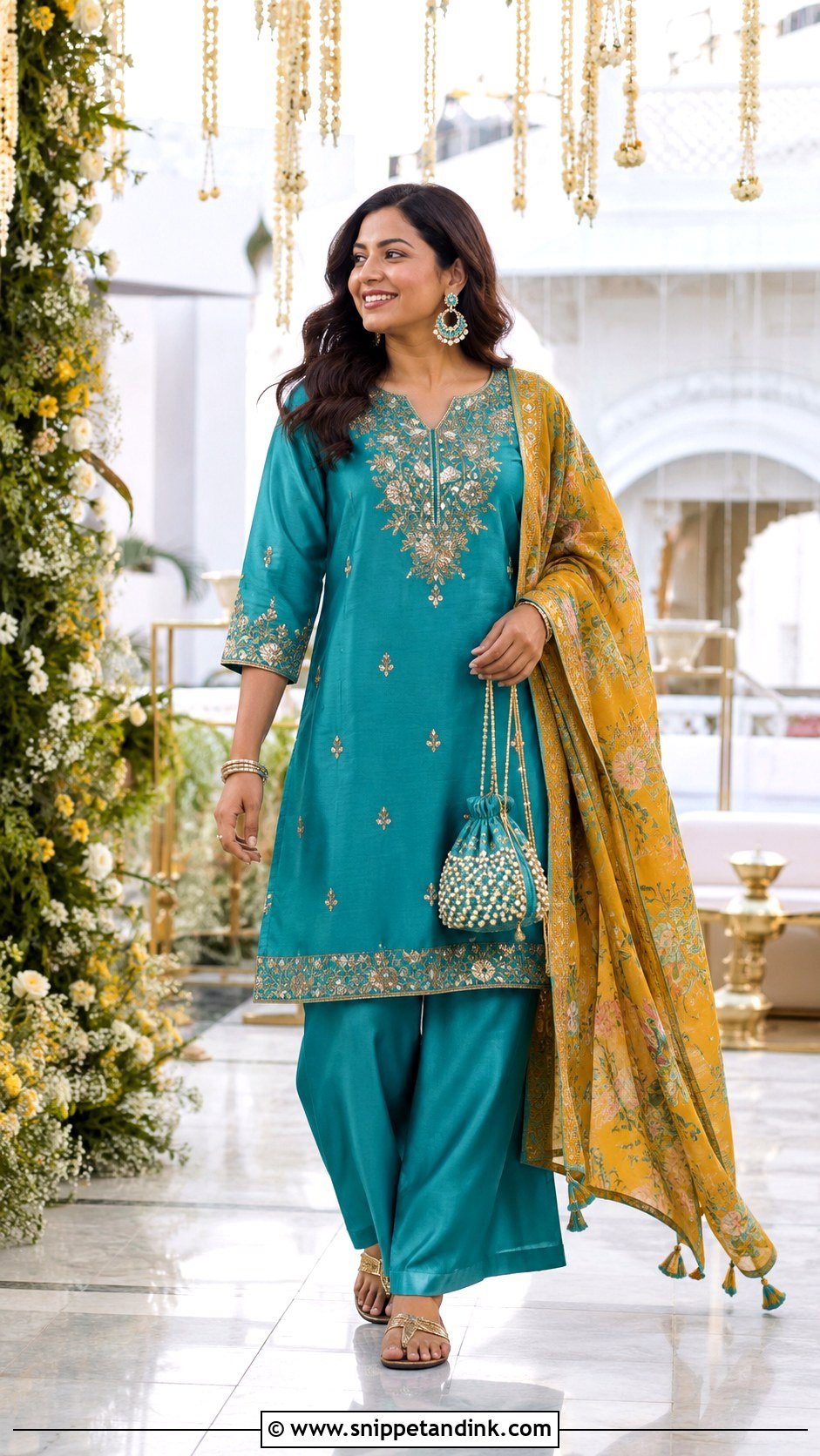 Teal Kurta And Palazzo Mehndi Set - Snippet and Ink - 20 Mehndi Wedding Dress Ideas