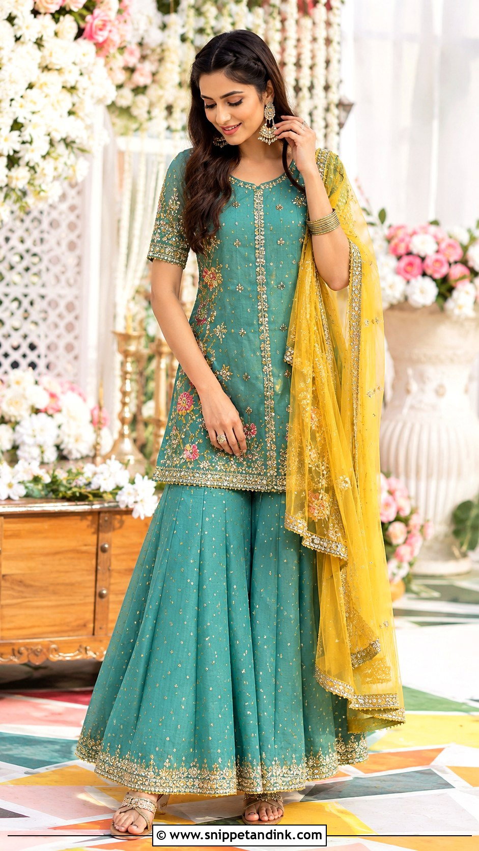 Teal Kurta And Skirt For Mehndi Ceremony - Snippet and Ink - 25 Mehndi Ceremony Outfit Ideas