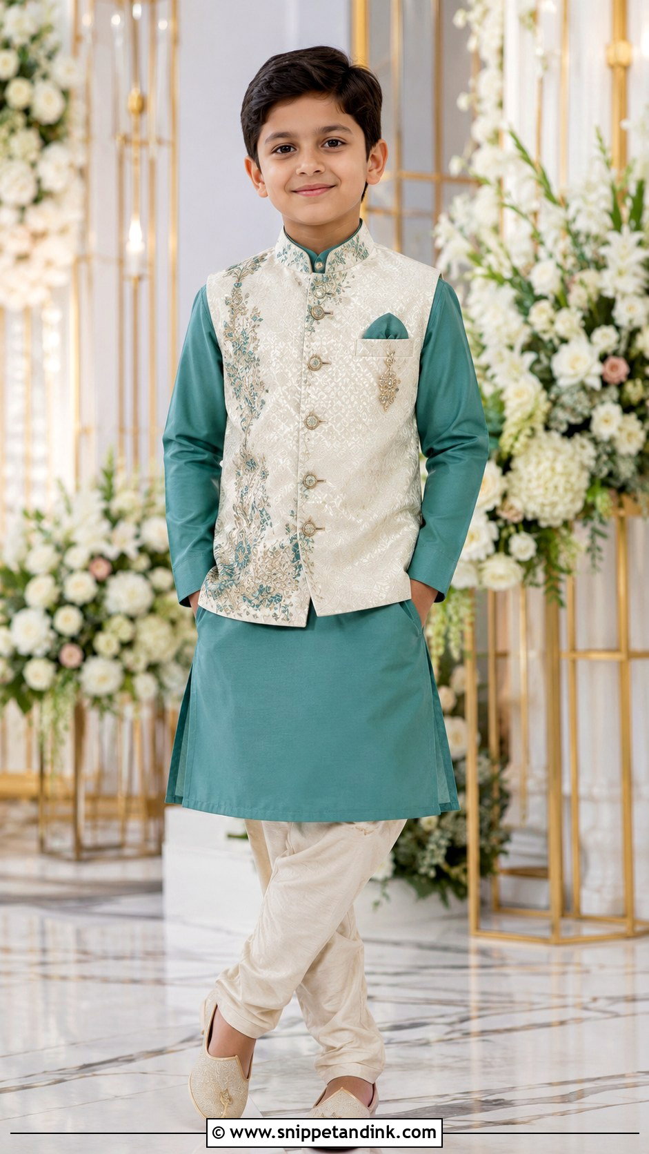 Teal Kurta Pajama With Embroidered Nehru Jacket - Snippet and Ink - 20 Kurta for Boys Wedding Ideas