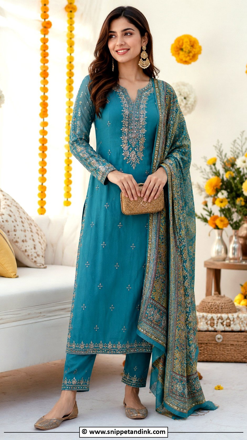Teal Kurta Set For Mehndi - Snippet and Ink - 25 Haldi Mehndi Outfit Ideas